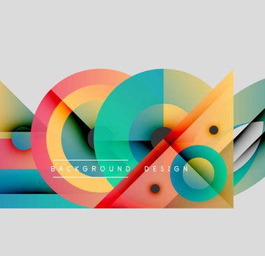 Soyut geometrik şekiller örtüşür, canlı renkli kompozisyon oluşturur. Modern tasarım elementleri dinamik görsel deneyim önerir.