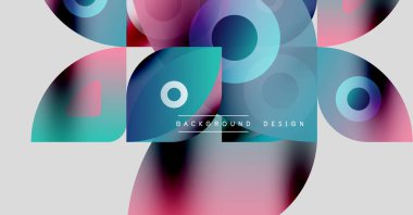 Soyut geometrik şekiller örtüşür, renkli arkaplan oluşturur. Modern tasarım daireler, kareler, gradyanlar içerir.