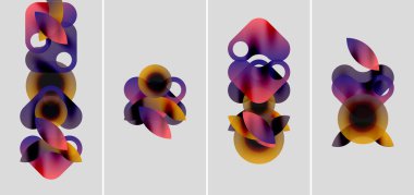 Soyut renkli şekiller örtüşür, dinamik kompozisyonlar oluşturur. Dört panel gradyan karışımları, yumuşak kenarları, modern estetiği gösterir.