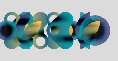 Soyut kompozisyon özellikleri üst üste binen yarı şeffaf daireler. Renkler, maviler, yeşiller, sarılar dinamik görsel efekt yaratır. Minimalist tasarım.