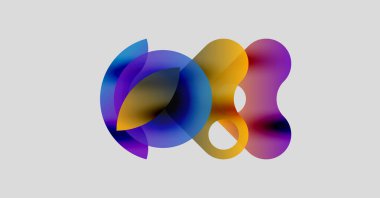 Soyut renkli şekiller örtüşür, dinamik görsel efekt yaratır. Renkler karışıp sıvı bileşimi oluşturuyor. Modern tasarım ögesi.