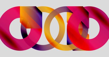 Birbirine kenetlenmiş renkli halkalar soyut tasarım yaratır. Canlı renkler harmanlanır, dinamik görsel kompozisyon oluşturur. Modern, geometrik şekiller görüntüye hakim..