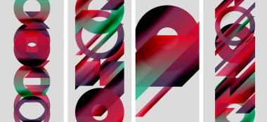 Soyut geometrik şekiller, canlı renkler, katmanlı tasarım. Modern sanat kompozisyonu, minimalist estetik, cesur görsel etki.