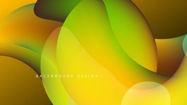 Soyut sıvı şekiller harmanlanarak canlı sarı, yeşil, turuncu gradyanlar oluşturur. Koyu arkaplan akış biçimlerini, modern tasarımı vurguluyor.