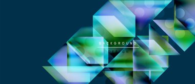 Soyut geometrik şekiller örtüşüyor, canlı renk eğimleri yaratıyor. Mavi, yeşil, mor renkler tasarımda baskın. Modern arkaplan dokusu.