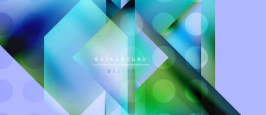 Soyut geometrik tasarım. Üst üste binen şekiller, canlı renkler, ışık efektleri modern arka plan yaratır. Metin arkaplan tasarımı okur.