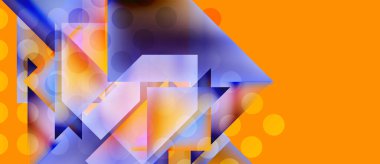 Soyut geometrik bileşim. Turuncu arka plan mor ve mavi şekillere zıt. Oklar yönü, hareketi, derinliği gösteriyor. Çemberler görsel doku ekler.