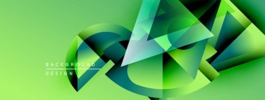 Soyut geometrik şekiller örtüşüyor, canlı yeşil, mavi renkler yaratıyor. Modern tasarım elementleri teknoloji ve yenilik öneriyor.