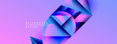 Soyut geometrik şekiller örtüşüyor, canlı mor ve mavi renkler yaratıyor. Modern tasarım elementleri teknoloji ve yenilik öneriyor. Arkaplan özellikleri metin etiketleri.