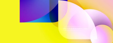 Soyut enerjik tasarım. Üst üste binen şekiller dinamik bileşim yaratır. Sarı, mor, pembe renkler görsel alana hakim. Modern estetik.