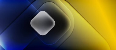 Soyut kompozisyon. Mavi, sarı, gri katmanlar dinamik görsel efekt yaratır. Yuvarlak kareler üst üste binerek modern tasarımı oluşturuyor. Yumuşak eğimler mevcut derinlik.