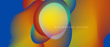Soyut sıvı şekilleri canlı renkleri harmanlar. Sarı daire merkeze hükmediyor, mavi, kırmızı, turuncu gradyanlarla çevrili. Modern tasarım ögesi.
