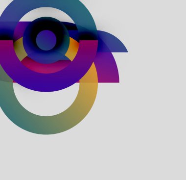 Soyut renkli daireler çakışıyor, dinamik görsel efekt yaratıyor. Gradyan renkler harmanlanarak modern tasarım elementini oluşturur. Minimalist kompozisyon.
