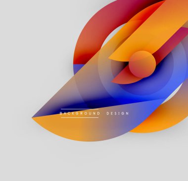 Soyut şekiller örtüşüyor, canlı renk değişimleri yaratıyor. Modern tasarım elementleri akış, enerji, dinamizm öneriyor. Arkaplan açık gri.