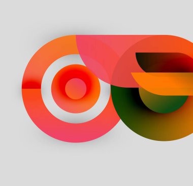 Soyut kompozisyon. Üst üste binen daireler, canlı renkler, modern tasarım. Yumuşak gölgeler derinlik yaratır, minimalist estetik.