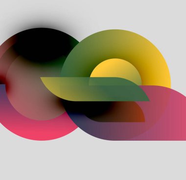 Üst üste binen renkli şekiller içeren soyut bir kompozisyon. Gradyanlar derinlik yaratır, renkleri pürüzsüz geçişlerle harmanlarlar. Modern tasarım, canlı palet.