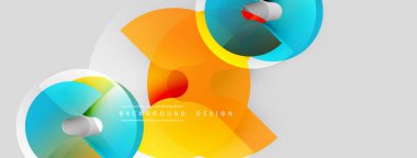 Soyut geometrik şekiller, canlı renkler, modern tasarım. Üst üste binen daireler dinamik bileşim ve ışık arkaplanı oluşturur.