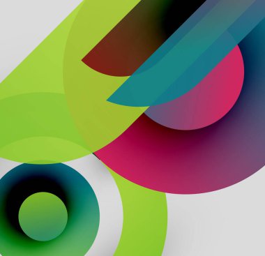 Soyut kompozisyon. Üst üste binen renkli şekiller dinamik görsel efekt yaratır. Gradyanlar derinlik ve doku ekler. Modern tasarım elemanları.