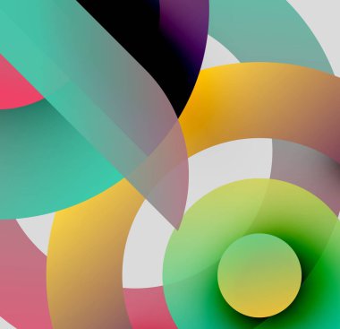 Soyut kompozisyon. Üst üste binen renkli çemberler dinamik görsel efekt yaratır. Yumuşak gradyanlar, modern tasarım, canlı renkler.