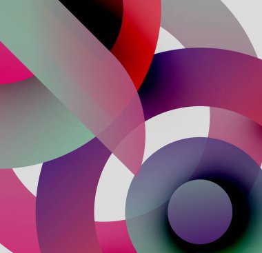 Üst üste binen daireler, gradyanlar, canlı renkler içeren soyut kompozisyon. Modern tasarım, pürüzsüz geçişler, görsel uyum.