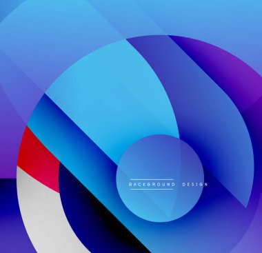 Soyut geometrik şekiller örtüşür, canlı mavi, mor, kırmızı gradyanlar yaratır. Modern tasarım akıcılık, derinlik, görsel ilgi.