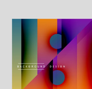 Soyut geometrik tasarım. Canlı renkler harmanlanarak, dinamik görsel efekt yaratır. Çemberler, dikdörtgenler kesişiyor, modern bileşim oluşturuyor..