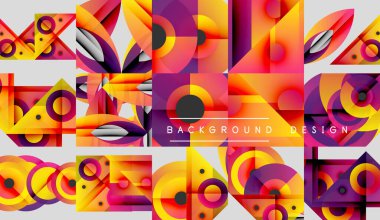 Soyut geometrik desenler, canlı renkler, üst üste binen şekiller dinamik görsel doku yaratır. Modern tasarım ögeleri cesur kompozisyon sunar.