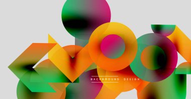 Soyut renkli şekiller örtüşür, dinamik görsel kompozisyon yaratır. Parlak gradyanlar modern tasarım elementlerini öneriyor.