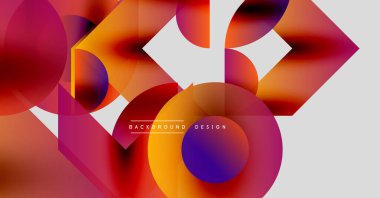 Soyut geometrik şekiller örtüşüyor, canlı renk eğimleri yaratıyor. Turuncu, mor, kırmızı renkli modern tasarım. Minimalist estetik.