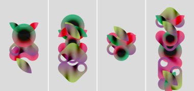 Soyut renkli şekiller örtüşür, dinamik kompozisyonlar oluşturur. Dört panel eğimli geçişleri, yumuşak kenarları, modern estetiği gösteriyor.