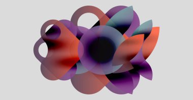 Soyut kompozisyon. Üstüste binen şeffaf daireler çiçekli, organik formlar oluşturur. Renkler mor, turuncu, mavi. Minimalist tasarım, modern estetik.