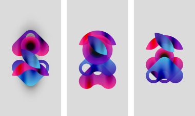 Soyut sanat eserleri. Üç panel üst üste binen canlı şekiller gösteriyor. Mavi 'den pembeye kayan gradyanlar. Minimalist tasarım, yumuşak gölgeler.