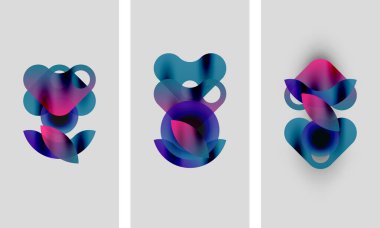 Soyut sanat eserleri. Üç panel üst üste binen renkli şekiller, gradyanlar, yumuşak kenarlar gösteriyor. Modern tasarım, canlı renkler, minimalist estetik.