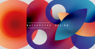 Soyut renkli şekiller çakışıyor. Gradyan renkler harmanlanarak, dinamik görsel efekt yaratır. Metin arka plan tasarımı okur. Modern kompozisyon.