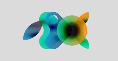 Soyut renkli şekiller çakışıyor ve sıvı formlar yaratıyor. Gradyan renkler harmanlanır, hareket, enerji ve modern tasarım önerilir. Işık arkaplanı canlılığı artırır.