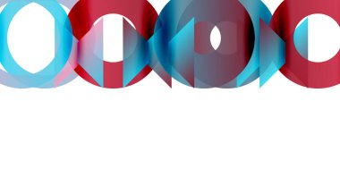 Soyut daireler örtüşüyor, canlı kırmızı, mavi renkler yaratıyor. Beyaz alan alt kısma hakim. Modern tasarım ögesi.