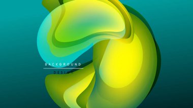 Soyut sıvı şekiller, canlı yeşiller, sarı karışımlar. Koyu arkaplan akıcı tasarımı vurgular, modern estetiği. Yumuşak eğimler derinlik yaratır.