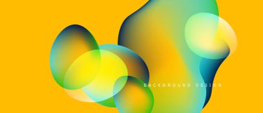 Soyut sıvı şekilleri örtüşür ve canlı renk değişimleri yaratır. Sarı arka plan, dinamik görsel efekti arttırır. Modern tasarım ögesi.