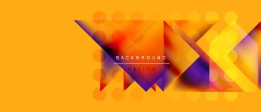 Soyut geometrik tasarım. Canlı turuncu arka plan mor şekiller, üçgenler, daireler içeriyor. Modern, dinamik görsel kompozisyon.