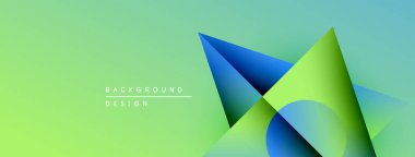 Soyut geometrik şekiller örtüşür, canlı gradyanlar yaratır. Yeşil, mavi renkler tasarıma egemen, modern estetik.