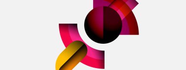 Soyut tasarım kıvrımlı şekiller, canlı renkler içerir. Kompozisyon koyu çember, kırmızı eğim, sarı aksan içeriyor. Minimalist tarz, modern estetik.