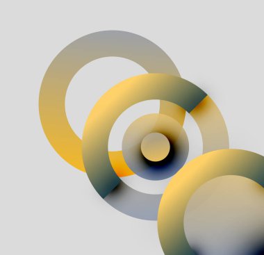 Soyut daireler üst üste binerek katmanlı görsel efekt yaratır. Renkler altın karışımı, gri, mavi, nötr arka plan. Modern tasarım.
