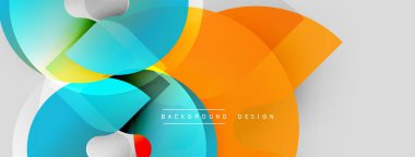 Soyut renkli şekiller örtüşür, dinamik bileşim yaratır. Turuncu, deniz mavisi, sarı renkler tasarımda baskın. Modern estetik.