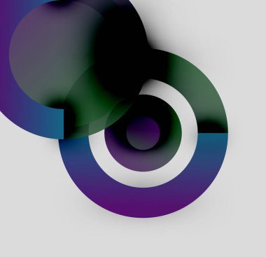 Soyut kompozisyon. Üst üste binen daireler, gradyanlar, mor, yeşil, mavi renkler baskın. Minimalist tasarım, modern estetik. Yumuşak gölgeler var.