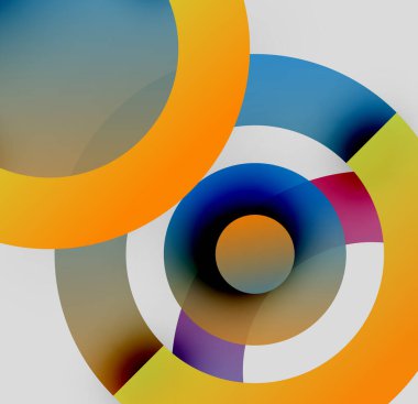 Soyut daireler örtüşüyor, canlı renk eğimleri yaratıyor. Tasarım konsantre halkalar, modern estetik.
