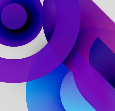 Üst üste binen daireler içeren soyut kompozisyon. Gölgeler koyu mordan canlı maviye, dinamik görsel efekt yaratır..