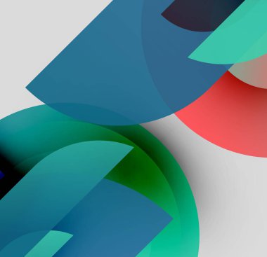 Soyut kompozisyon. Üst üste binen şekiller dinamik görsel efekt yaratır. Renkler karışır, değişkenler oluşur. Modern tasarım elemanları.