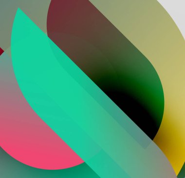 Soyut şekiller örtüşür, canlı renk karışımları yaratır. Yeşil, kırmızı, kahverengi, sarı renkler kompozisyona hakim. Yumuşak gradyanlar modern estetik sunar.