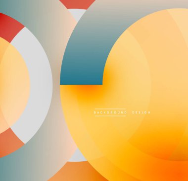 Soyut daireler örtüşüyor, canlı renk eğimleri yaratıyor. Sarı, turuncu, kırmızı, deniz mavisi renkleri düzgün bir şekilde harmanlanır. Modern tasarım ögesi.