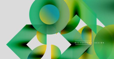 Soyut geometrik şekiller çakışıyor. Yeşil, sarı, mavi renkler dinamik kompozisyon oluşturur. Arka planlar için modern tasarım ögesi.